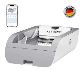 Eine schlanke graue automatische Katzenstreu-Box mit der Aufschrift "ASTROPET" neben einem Smartphone, das die App-Steuerung zeigt.