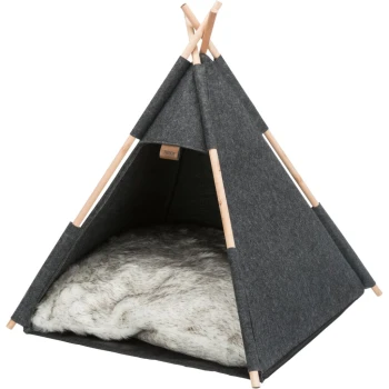 Höhle Tipi Graues Haustier-Tipi mit Holzpfosten und einem weichen, Kunstfellkissen im Inneren, entworfen für den Komfort des Haustiers.