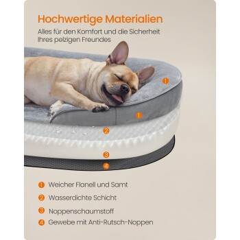 Ein schlafender Französischer Bulldogge auf einem plüschigen Bett, das hochwertige, weiche, wasserdichte, schaumstoff- und rutschfeste Materialien für den Komfort von Haustieren zeigt.