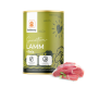 Dosen-Tierfutter "Balloony Sensitive Lamm + Reis" mit grünem Design, glutenfreien Symbolen und rohem Lammfleisch daneben.