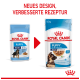 Zwei Royal Canin Welpenfutterbeutel mit neuem Design und verbesserter Rezeptur, mit dem Text "NEUES DESIGN, VERBESSERTE REZEPTUR."