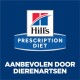 Hill's Prescription Diet logo op een blauwe achtergrond, met de tekst "AANBEVOLEN DOOR DIERENARTSEN" prominent weergegeven.