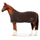 Ein kastanienbraunes Pferd mit einer braunen Decke mit weißem Rand, mit dem Logo "EQUINATE" an der Seite.