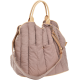 Beige gepolsterte Transporttasche für Haustiere mit hellbraunen Griffen und verstellbarem Schultergurt, Fronttasche mit Druckknopfverschluss.