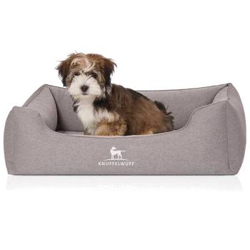 Ein kleiner, flauschiger Hund sitzt bequem in einem grauen Haustierbett mit dem Logo "KNUFFELWUFF", das prominent auf der Vorderseite angezeigt wird.