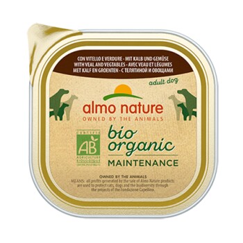 Almo Nature Bio-Organik-Hundefutterdose, mit Kalbfleisch und Gemüse, mit einem goldenen und grünen Design und dem Etikett 'Erwachsenenhund'.