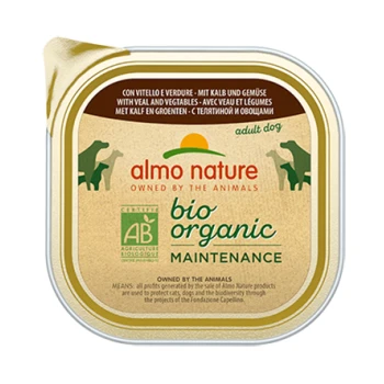 Almo Nature Bio-Organik-Hundefutterdose, mit Kalbfleisch und Gemüse, mit einem goldenen und grünen Design und dem Etikett 'Erwachsenenhund'.