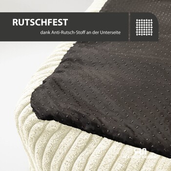 Rutschfester Haustierbettbezug mit strukturiertem schwarzen Unterseite und weichem cremefarbenen Oberteil, beschriftet mit "RUTSCHFEST" für Stabilität.