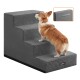 Corgi, der eine graue 3-stufige Haustiertreppe mit strukturiertem Teppich hochklettert; seitlicher Tragegriff eingesetzt und Markenetikett 'feandrea'