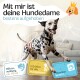 Hundemarke, die Merkmale zeigt: "Bester Komfort für Ihren Hund", "extrem saugfähig", "5 Größen", "3 Anpassungen" und "weiche Innenseite".