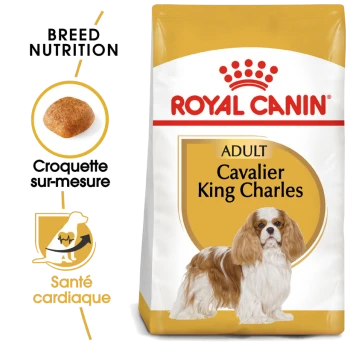 Sac de nourriture pour chien Royal Canin pour Cavalier King Charles adulte, présentant une image de chien, une nutrition spécifique à la race et des avantages pour la santé cardiaque.