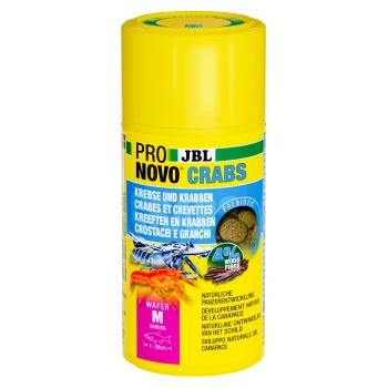 PRONOVO Hauptfutter-Wafer für Krebse, Krabben Scherengarnelen M 100 ml Gelber zylindrischer Behälter mit JBL Pro Novo Crabs-Futter für Krabben und Garnelen, mit präbiotischen Vorteilen und 40% Holzfaser.