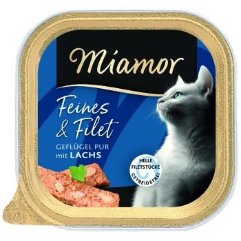 Miamor Katzenfutter-Tablett mit der Aufschrift „Feines & Filet – Geflügel pur mit Lachs“, weißes Katzenprofil und Lachsstücke auf blau-goldener Verpackung.