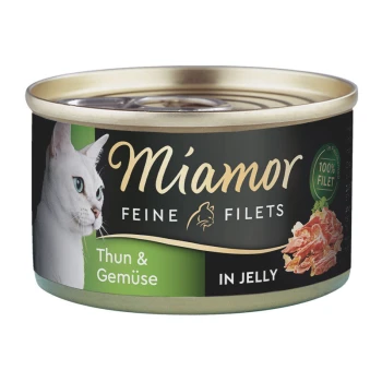 Dose Katzenfutter mit dem Gesicht einer weißen Katze, beschriftet "Miamor Feine Filets", mit "Thun & Gemüse" und "in Jelly" auf der Dose.