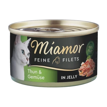 Dose Katzenfutter mit dem Gesicht einer weißen Katze, beschriftet "Miamor Feine Filets", mit "Thun & Gemüse" und "in Jelly" auf der Dose.