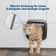 Katze, die eine PetSafe-Katzentür benutzt, mit Fokus auf dem weichen Dichtungsring für leises Schließen und reduzierte Zugluft, begleitet von einem Text auf Deutsch.