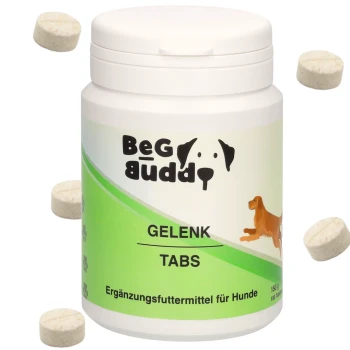 Behälter mit BeG Buddy Gelenk Tabs für Hunde, mit einem weißen Deckel und grünem Etikett, umgeben von drei Tabletten.