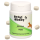 Behälter mit BeG Buddy Gelenk Tabs für Hunde, mit einem weißen Deckel und grünem Etikett, umgeben von drei Tabletten.
