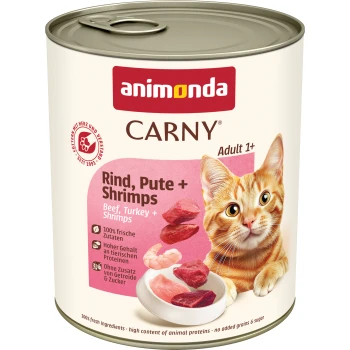 Boîte de nourriture pour chat Animonda Carny Adult 1+ au bœuf, dinde et crevettes, avec un chat tigré orange et des images de viande fraîche.