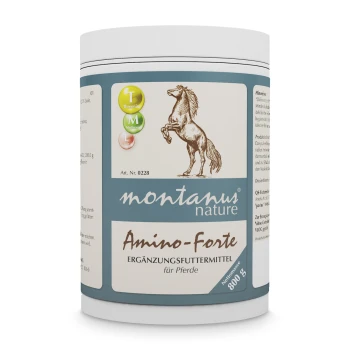 Behälter mit montanus nature Amino-Forte, einem Ergänzungsmittel für Pferde, mit einer Pferdeillustration und Nährwertangaben.
