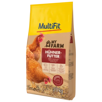 Sac de nourriture pour poulets MultiFit My Farm avec deux poulets, étiqueté « Hühnerfutter » et pesant 20 kg.