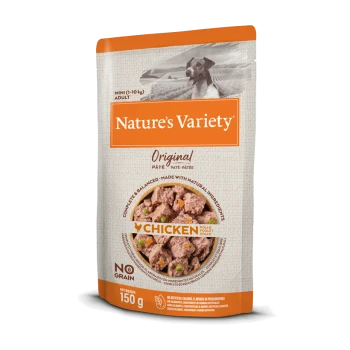 Pochette de nourriture pour chiens Nature's Variety Original, 150g, contenant du pâté de poulet avec des légumes, étiquetée "Sans Céréales" et "Complet & Équilibré."