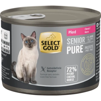 Select Gold Senior Pure Katzenfutterdose mit Bild einer Siamkatze, 72 % Pferdefleisch, getreidefreie Formel, 200 g.