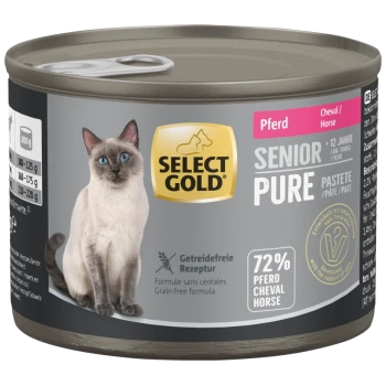 Boîte de nourriture pour chat Select Gold Senior Pure avec image d'un chat siamois, 72 % de viande de cheval, formule sans céréales, 200 g.