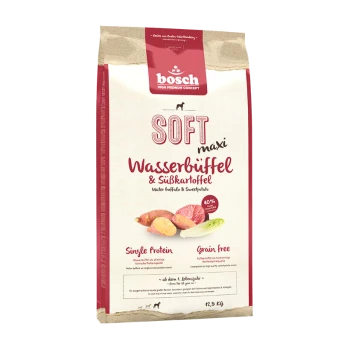 Weiche Maxi-Hundetrockenfutter-Tüte mit Wasserbüffel und Süßkartoffel, 40% Protein, getreidefrei, 12,5 kg, mit "Single Protein"-Etikett.