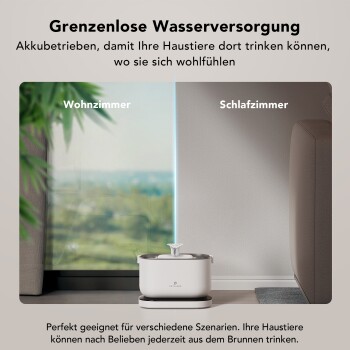 Ein moderner Haustier-Wasserbrunnen auf dem Boden, mit Grünpflanzen vor einem Fenster und Wänden, die mit "Wohnzimmer" und "Schlafzimmer" beschriftet sind.