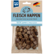 Hundeleckerlis in einem wiederverschließbaren Beutel, beschriftet mit "Fleisch Happen," mit dem Gesicht eines Hundes, das besagt "100% Lamm im Fleischanteil," hergestellt in Deutschland.