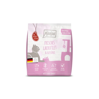 Rosa MJAMJAM Katzenfuttertüte mit der Aufschrift 'Frisches Lachsfilet & Geflügel', einem 'Mit Frisch Fleisch'-Anhänger, Katzensilhouette und deutscher Flagge.