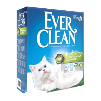 Ever Clean Super-Premium Klumpstreu-Verpackung für Katzen, mit blauem Hintergrund, grünen Akzenten und dem Hinweis auf extra starke Klumpenbildung.