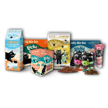 Bild von "Lucky Lou" Katzenfutterprodukten: Very Mix, Wild Mix, Tasty Mix und Jelly Mix-Boxen mit buntem Verpackungsdesign und Cartoon-Katzen.