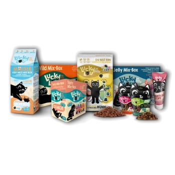 Bild von "Lucky Lou" Katzenfutterprodukten: Very Mix, Wild Mix, Tasty Mix und Jelly Mix-Boxen mit buntem Verpackungsdesign und Cartoon-Katzen.