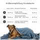 Größenvorschlag für Hundedecken auf Deutsch, mit Abmessungen (M: 100x70 cm, L: 120x90 cm, XL: 140x100 cm) und empfohlenen Rassen.