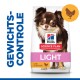 Hill's Science Plan Light hondenvoerzak met een lachende Chihuahua, gelabeld 'Gewichts-Kontrolle' en 'met Kip.'