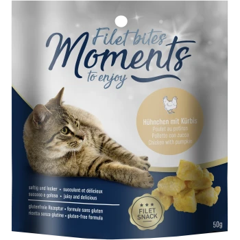 Beutel mit Aufschrift 'Filet bites Moments' und 'Hühnchen mit Kürbis', zeigt eine entspannte getigerte Katze und Hähnchen‑Kürbis‑Bissen, 50 g
