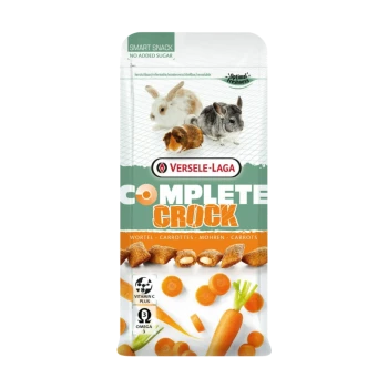 Eine Tüte Versele-Laga Complete Crock Tiernahrung für kleine Tiere, die Kaninchen, Karotten und wichtige Vorteile wie "Kein Zuckerzusatz" zeigt.