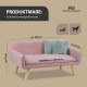 Ein gemütliches Wohnzimmer mit einem rosa Haustiersofa mit blauen Kissen, einem gewebten Teppich, einem weißen Kamin und einem stilvollen Sessel.