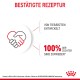 Bild zur Förderung von Tiernahrung mit Text: "Bestätigtes Rezept," "Vom Tierarzt entwickelt," "100% Züchterzufriedenheit," und einer Grafik mit einem Handschlag.