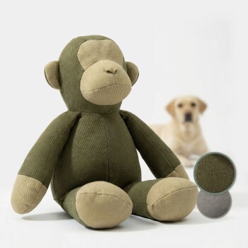Plüschiger grüner und beiger Affen-Hundespielzeug mit Stoffmusterproben und einem verschwommenen gelben Labrador im Hintergrund.