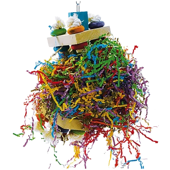 Buntes Vogelspeilzeug mit einer Mischung aus zerrissenem Papier, Holzblöcken und hängenden Elementen, entworfen für die Unterhaltung von Haustieren.