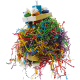 Buntes Vogelspeilzeug mit einer Mischung aus zerrissenem Papier, Holzblöcken und hängenden Elementen, entworfen für die Unterhaltung von Haustieren.