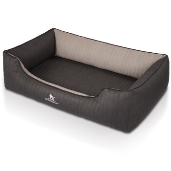 Ein plüschiges, rechteckiges Haustierbett mit einem dunkelgrauen Äußeren und einem hellgrauen Inneren, mit einer gerippten Textur und dem "KNUFFELWUFF"-Logo.