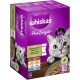 Whiskas Pure Delight Katzenfutterbox mit einer grauen getigerten Katze, die auf eine Schüssel mit Nassfutter schaut; lila Box listet Rindfleisch-, Hähnchen-, Lachs- und Thunfischgeschmack auf.