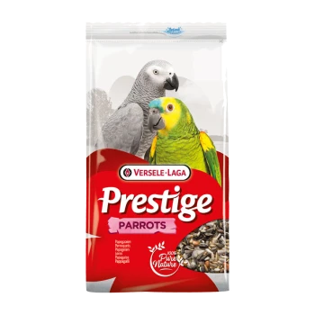 Eine Tüte Versele-Laga Prestige Papageienfutter mit Bildern eines grünen und grauen Papageis, gekennzeichnet mit "100% Pure Nature."