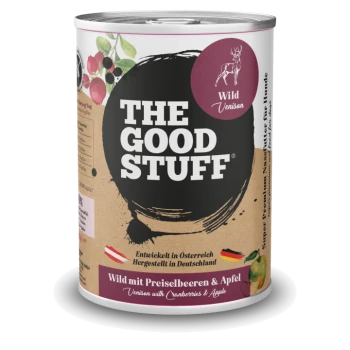 Dose 'THE GOOD STUFF' mit der Aufschrift 'Wild / Venison' – Wild mit Cranberries & Apfel (Deutsch/Englisch).