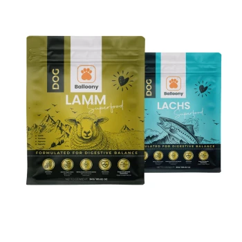 Zwei Balloony Tiernahrungsbeutel: "LAMM Superfood" mit einem Schaf und "LACHS Superfood" mit einem Fisch, beide für die Verdauungsbalance.