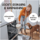 Eine Frau in einem orangefarbenen Pullover lädt eine Schüssel in eine Geschirrspülmaschine, während ein Greyhound zuschaut. Text: "Einfache Reinigung," "Spülmaschinenfest," "Mikrowellenfest."